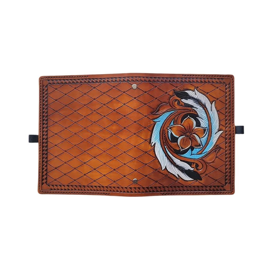 Handcrafted Leather Binder Journal Notebook with Floral and Feather Design